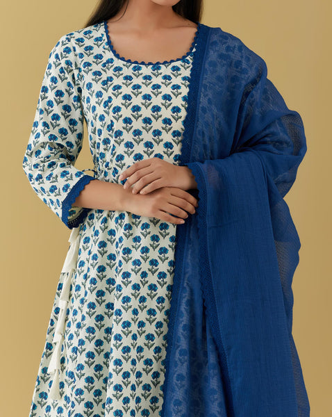 Blue block printed kurta with pants and dupatta