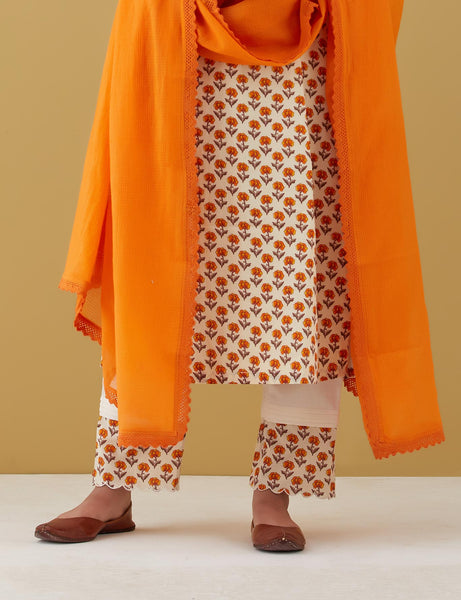 Orange block printed kurta with pants and dupatta