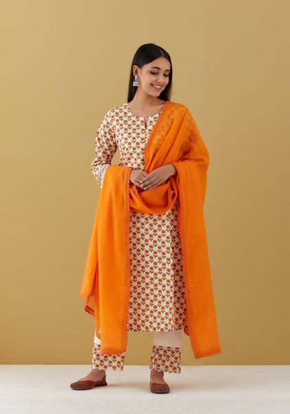 Orange block printed kurta