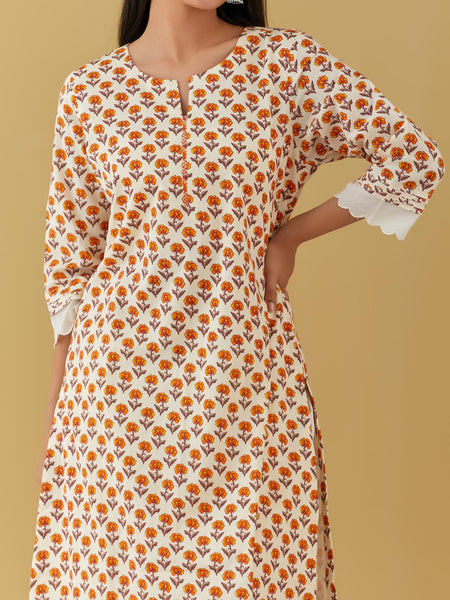 Orange block printed kurta with pants and dupatta