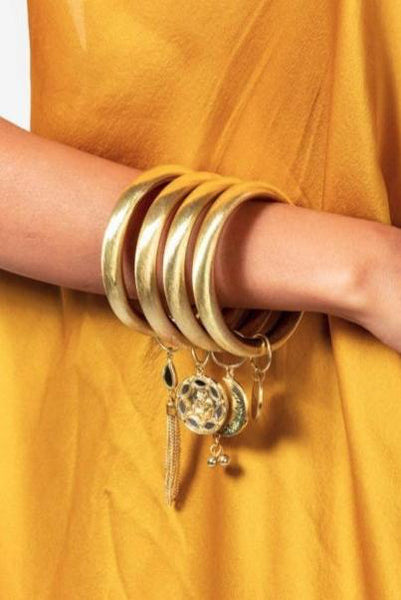 Gold Bangle Stack Set With Hangings