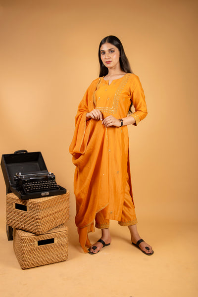 Mustard Yellow Chanderi Silk Suit with Straight Pant and Sequence Work Dupatta