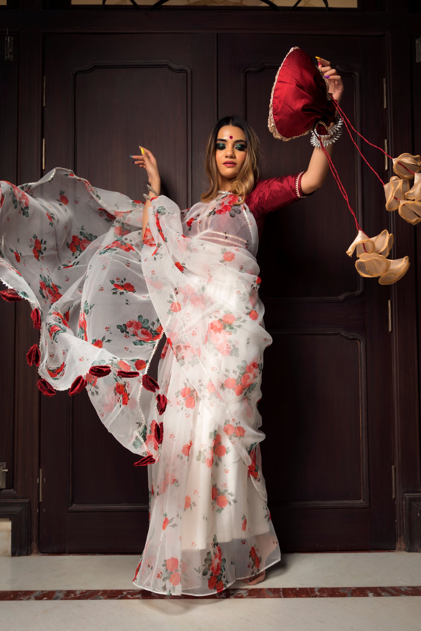 RED AND WHITE ORGANZA SAREE