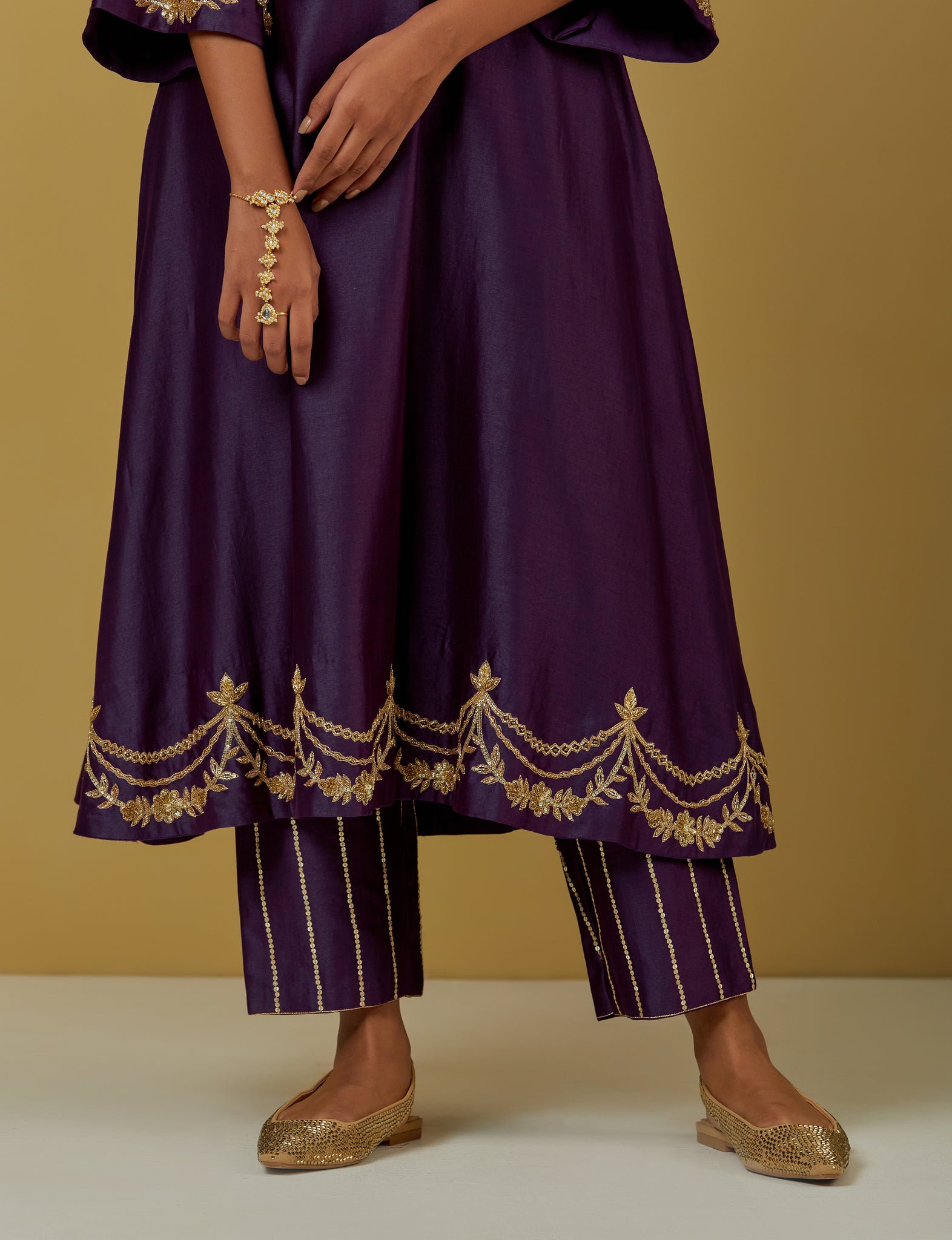 Purple Embroidered Chanderi Silk Pants with Sequins
