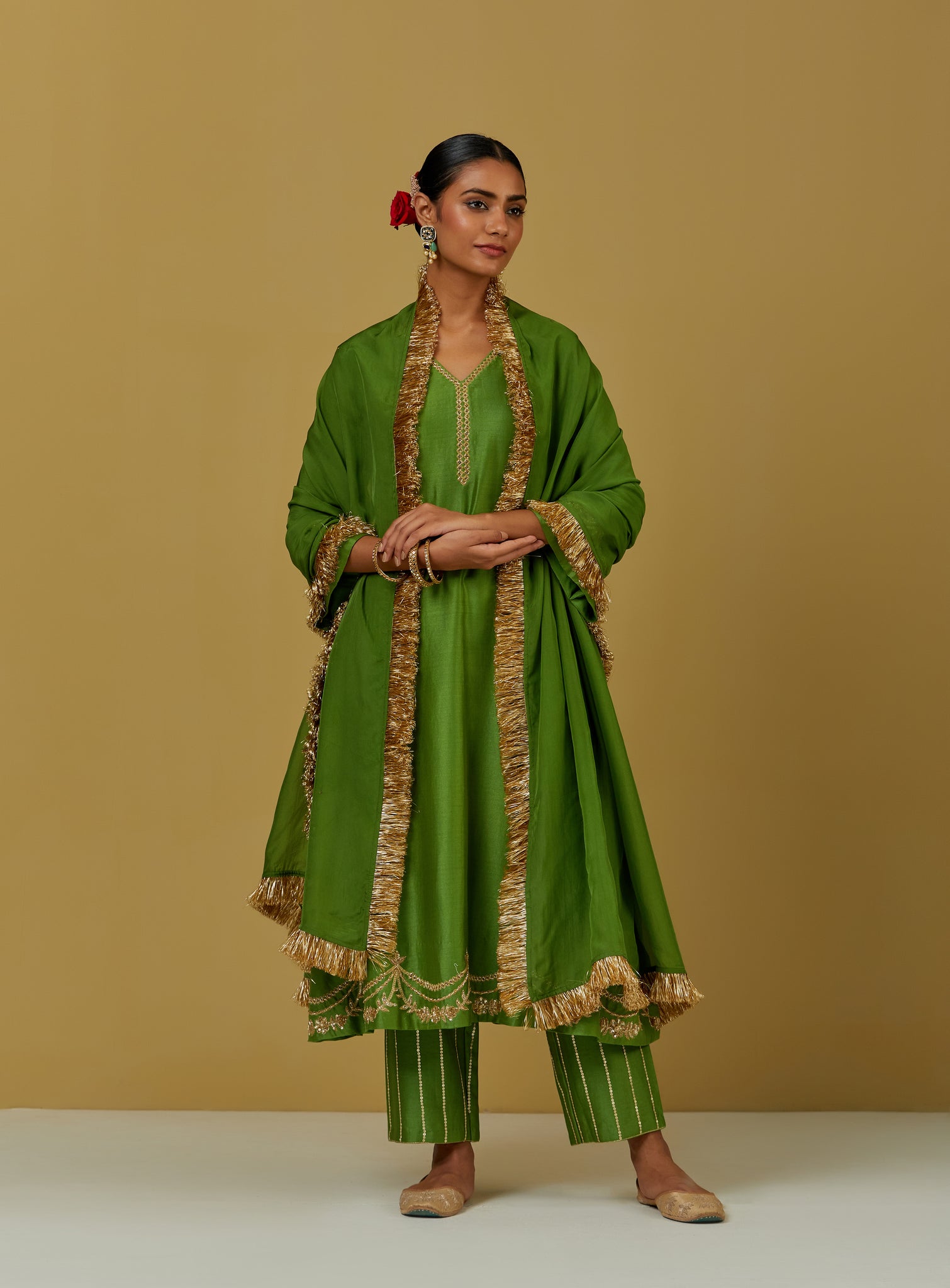 Green Tissue Organza Dupatta with Lace Detailing