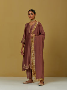 Dust Pink Embroidered Chanderi Silk Kurta with Pants and Dupatta