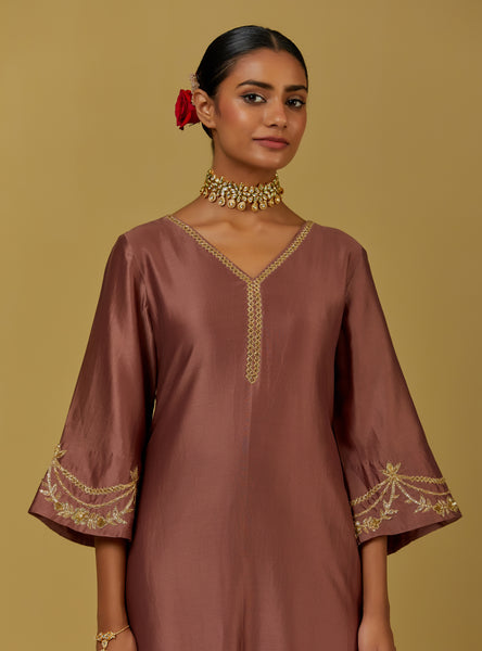 Dust Pink Embroidered Chanderi Silk Kurta with Pants and Dupatta