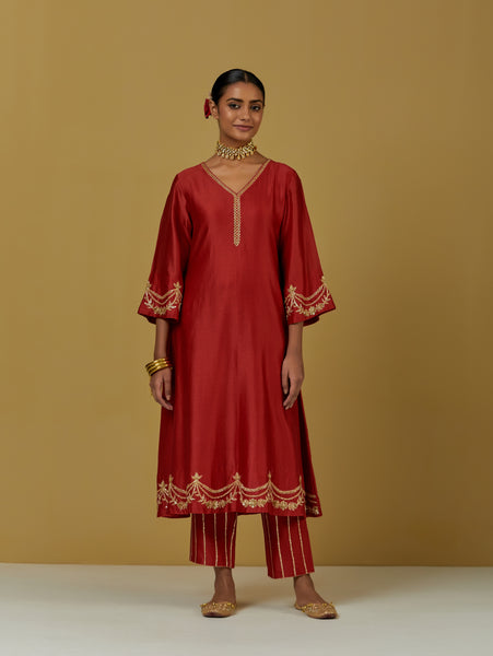 Red Embroidered Chanderi Silk Kurta with Pants and Dupatta