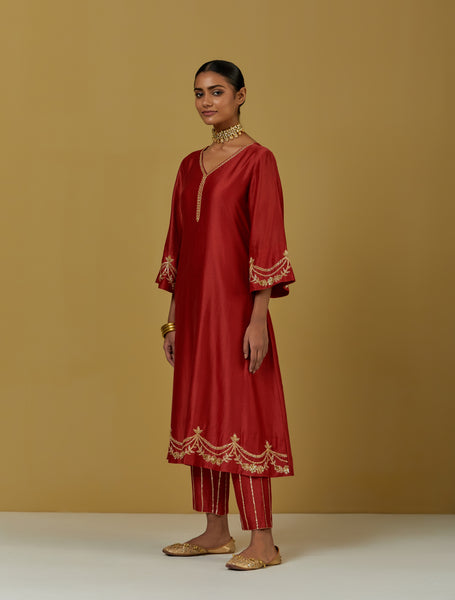 Red Embroidered Chanderi Silk Kurta with Pants and Dupatta