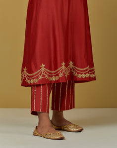 Red Embroidered Chanderi Silk Pants with Sequins