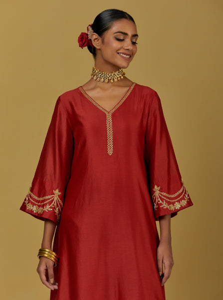 Red Embroidered Chanderi Silk Kurta with Pants